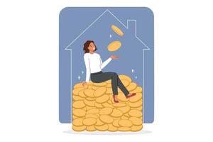 Woman uses REIT investment to accumulate capital, sits on pile of money in house silhouette vector