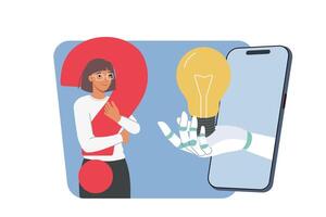 Idea is proposed by chatbot with AI, poking light bulb out of phone for business woman vector