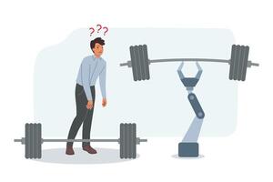 Introduction robotization upsets business man looking at robots arm with heavy barbell vector