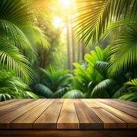 wooden table in the jungle with palm trees photo