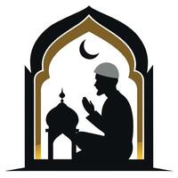 Islamic man praying in mosque with crescent and moon vector