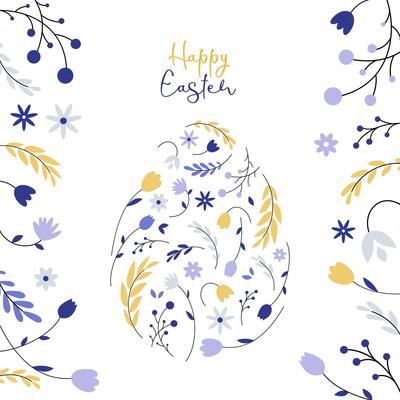 Happy Easter. Decorative Easter egg with floral elements, flowers and leaves. Greeting card, poster, banner. illustration