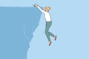 Scared businesswoman falls off cliff due to taking risks, building career or starting startup vector