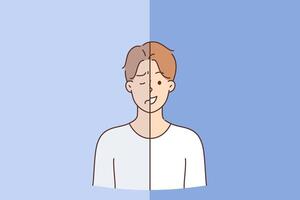 Bipolar personality disorder in man who simultaneously smiles and makes negative grimace vector