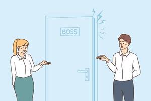 Boss screams frighten employees standing outside door and are afraid to go in and break into manager vector