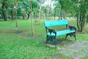 vibrant blue bench sits in lush green park surrounded by trees, inviting relaxation and tranquility. serene atmosphere enhances beauty of nature photo