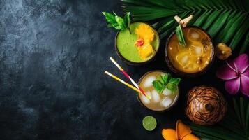 Tropical cocktails in tiki style cups with vibrant garnishes and fruits photo