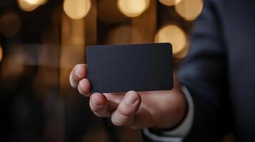 A man in a suit holding a black card photo