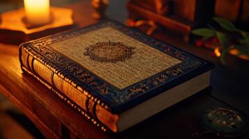 beautifully bound ancient book filled with mysterious writings and symbols photo