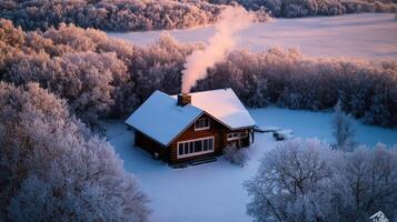 An aerial view of a cabin in the snow photo