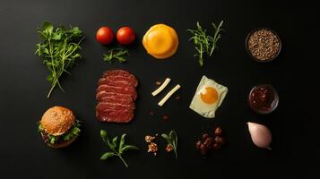 Deconstructed burger with fresh ingredients, including greens and meat photo