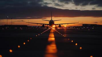 stunning sunset illuminates busy airport runway with jet preparing for takeoff photo