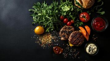 Deconstructed burger with fresh ingredients, sauces, and spices displayed artistically photo