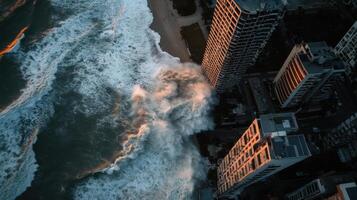 An aerial view of a city and ocean photo