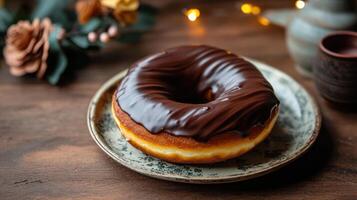 A chocolate glazed doughnut on a plate on a wooden table photo