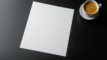 Blank paper and cup of coffee on black background photo
