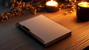 A notebook and candles on a wooden table photo