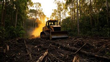 massive bulldozer clearing trees in forest at sunset, creating dust photo