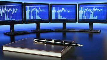 modern investor desk with multiple monitors displaying stock charts and pen photo