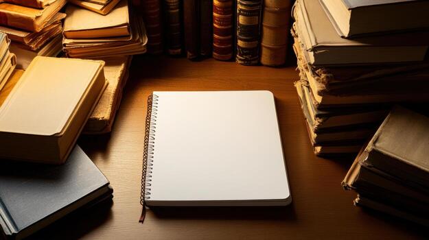 A notebook is sitting on top of a pile of books photo