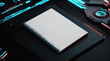 A notebook on a table with neon lights photo