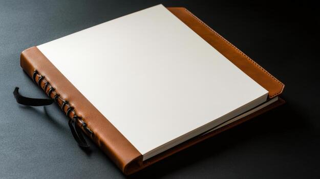 blank page in leather bound journal on dark surface, inviting creativity photo