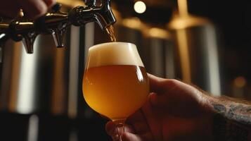 A person is pouring beer into a glass photo