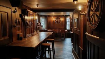 cozy English pub interior with wooden bar and dartboard photo