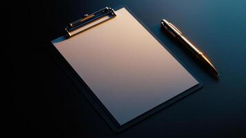 A clipboard and pen on a dark background photo