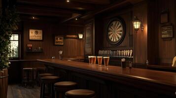classic English pub interior with wooden bar, pints of ale, and dartboard photo