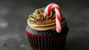 Delicious Christmas cupcake topped with festive sprinkles and candy cane photo