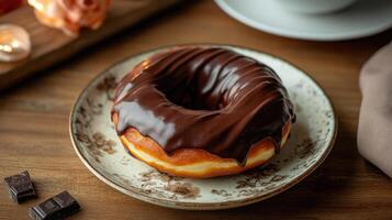 A chocolate glazed donut on a plate photo