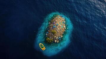 small island covered in trash surrounded by blue ocean water, highlighting pollution photo