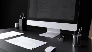 modern office desk with computer, documents, and stationery items photo