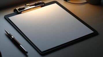 A clipboard and pen on a desk with a cup of coffee photo