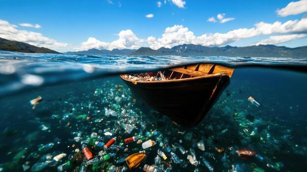 A boat floating in the ocean with plastic garbage photo