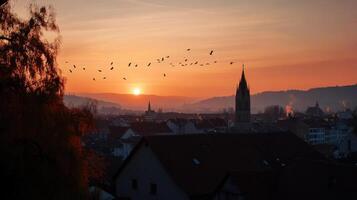 city skyline at sunset with birds flying, showcasing pollution effects photo