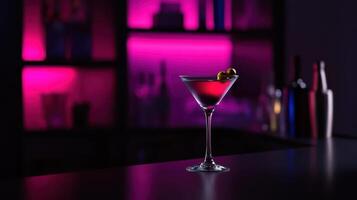 classic martini with olive garnish, elegantly displayed in dimly lit bar photo