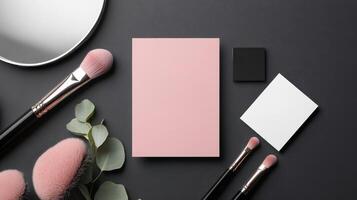 Elegant beauty salon stationery with brushes and greenery photo