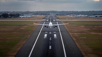 busy airport runway with airplane preparing for takeoff photo
