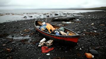 canoe filled with plastic waste on dark beach, highlighting pollution photo