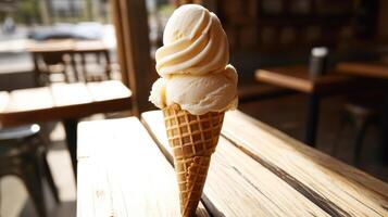 creamy vanilla ice cream cone with soft swirl, perfect for treat photo