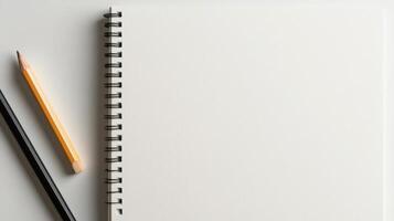 Blank notebook and pencils on white background photo