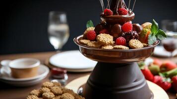 A chocolate fountain with fruit and nuts photo