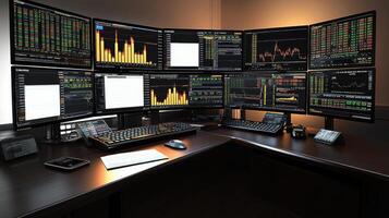 modern trading desk with multiple screens displaying market data and charts photo