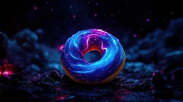 cosmic galaxy donut with swirling nebula frosting, glowing in space photo