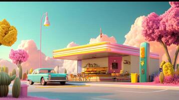 vibrant retro diner with classic car, surrounded by colorful trees and cacti photo