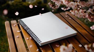 Blank notebook on wooden table with cherry blossom photo