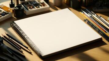 A notebook, pencils, and other art supplies on a desk photo