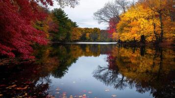 calm lake surrounded by vibrant autumn foliage reflecting on water photo